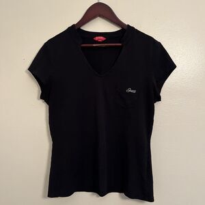 GUESS Pique Cotton Vintage Y2K Scoop Neck Embroidered Pocket Tee, Black- Large